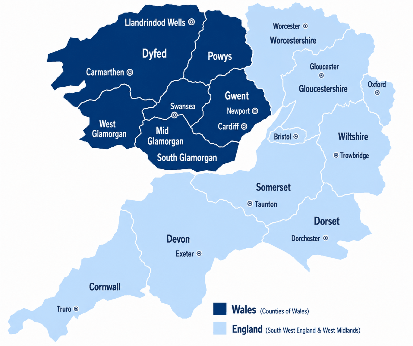 Map showing Jupiter FD's coverage area across Wales and South West England