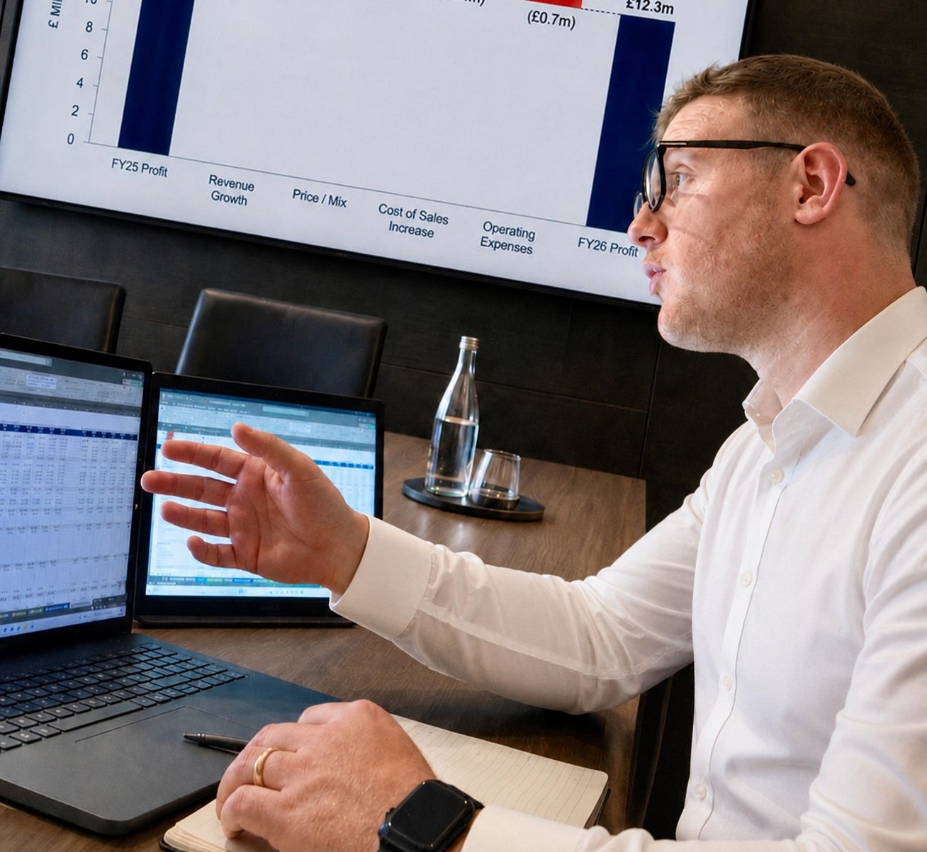 Jordan Thomas reviewing financial modelling with a client